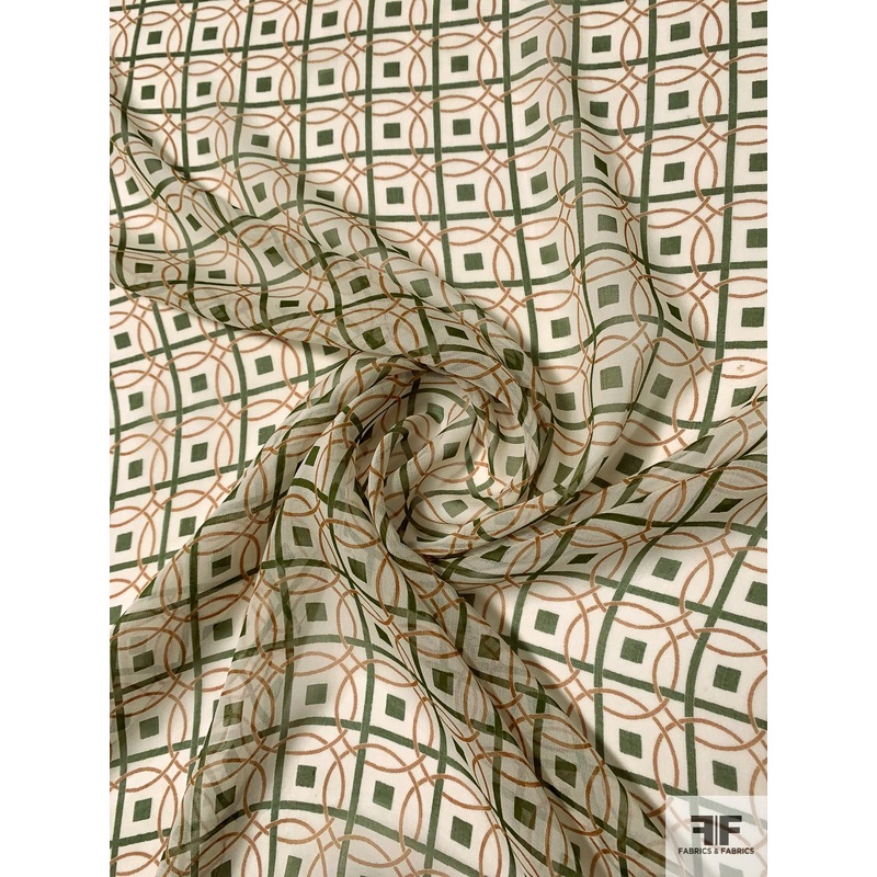 Art Deco Circle Rings Grid Printed Silk Chiffon – Deep Green / Saddle Brown / Off-White Fabric by the Yard