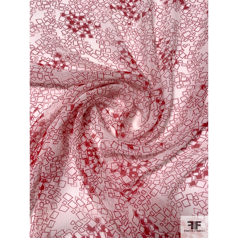 Cube Clusters Printed Crinkled Silk Chiffon – Red / Off-White Fabric by the Yard