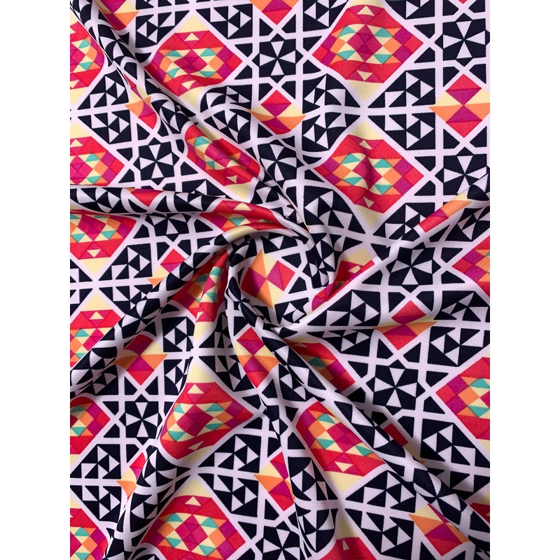 Ethno-Geometric Printed Scuba – Magenta / Orange / Yelllow / Sea Green / Black / White Fabric by the Yard