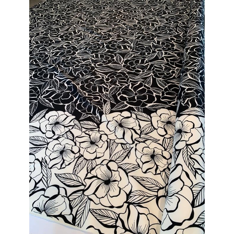 Floral Border Pattern Printed Poly Spandex Scuba Knit – Black / White Fabric by the Yard