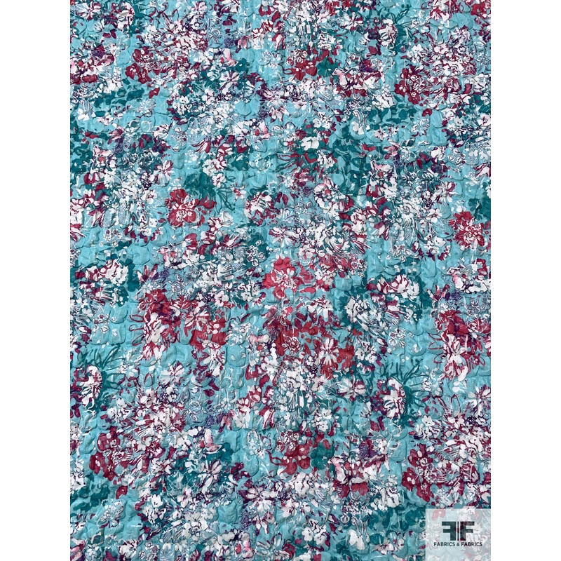 Floral Bundles Printed Puckered Popcorn Knit – Aqua Blue / Teal / Berry Pinks / White Fabric by the Yard