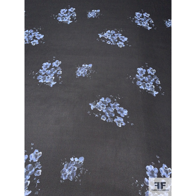 Floral Clusters Printed Polyester Chiffon – Blues / Black Fabric by the Yard