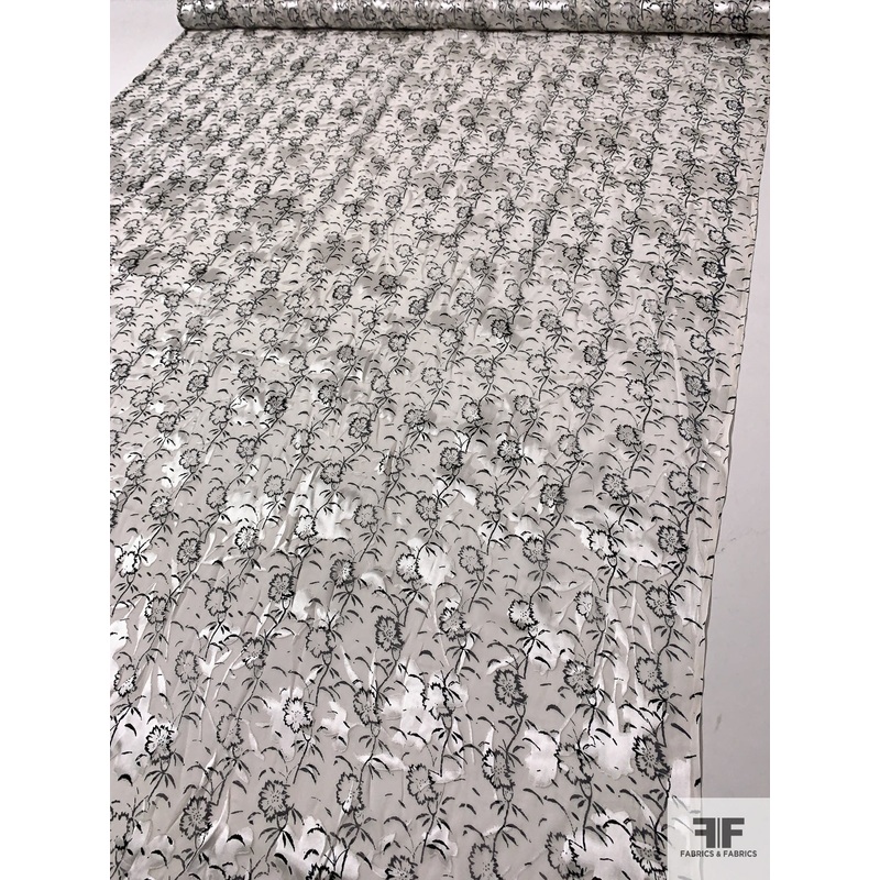 Floral Printed Burnout Silk Blend Chiffon – Off-White / Black / Lightest Grey Fabric by the Yard