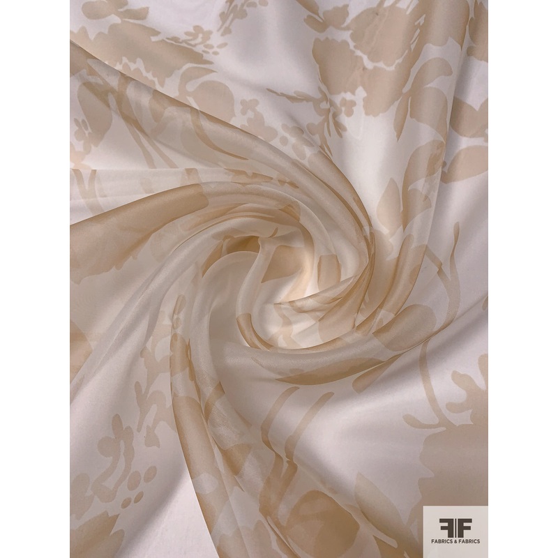 Floral Silhouette Printed Silk Organza – Peachy Tan / Off-White Fabric by the Yard
