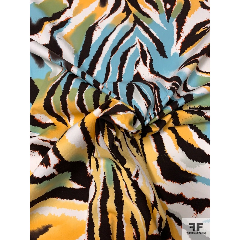 Funky Tiger Pattern Printed Stretch Cotton Twill – Light Orange / Seafoam Blue / Black / White Fabric by the Yard