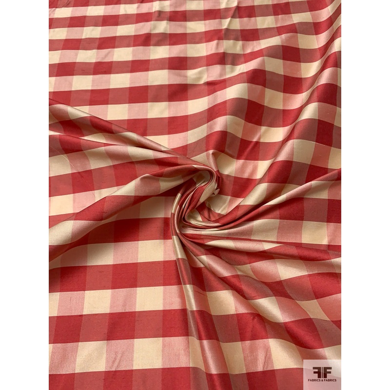 Gingham Yarn-Dyed Silk Shantung – Antique Raspberry / Lightest Gold Fabric by the Yard
