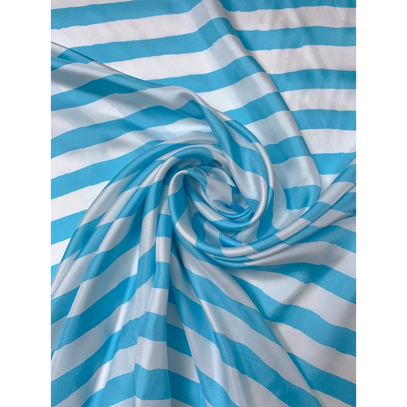 Horizontal Striped Printed Fine Silk Twill Panel – Blue / Off-White Fabric by the Panel