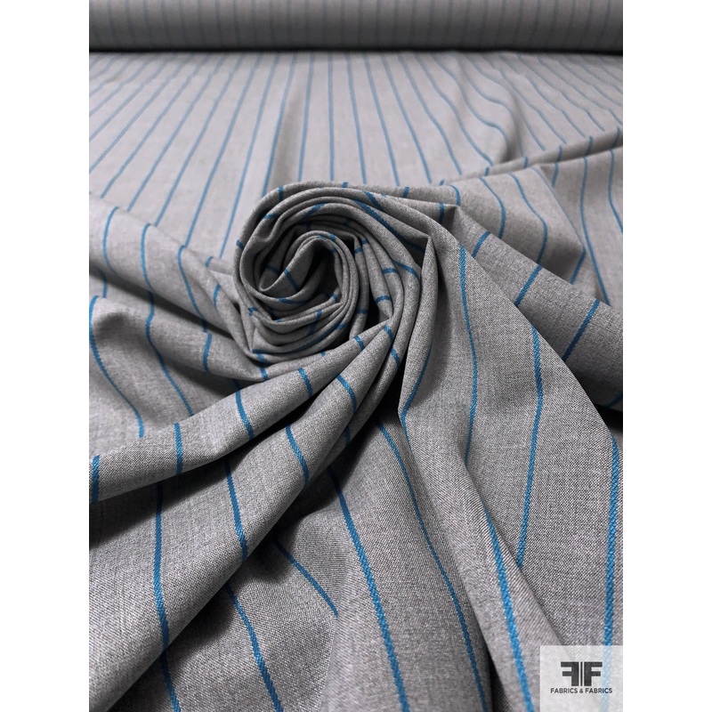 Italian Jacquard-Striped Traditional Suiting – Heather Grey / Turquoise Fabric by the Yard