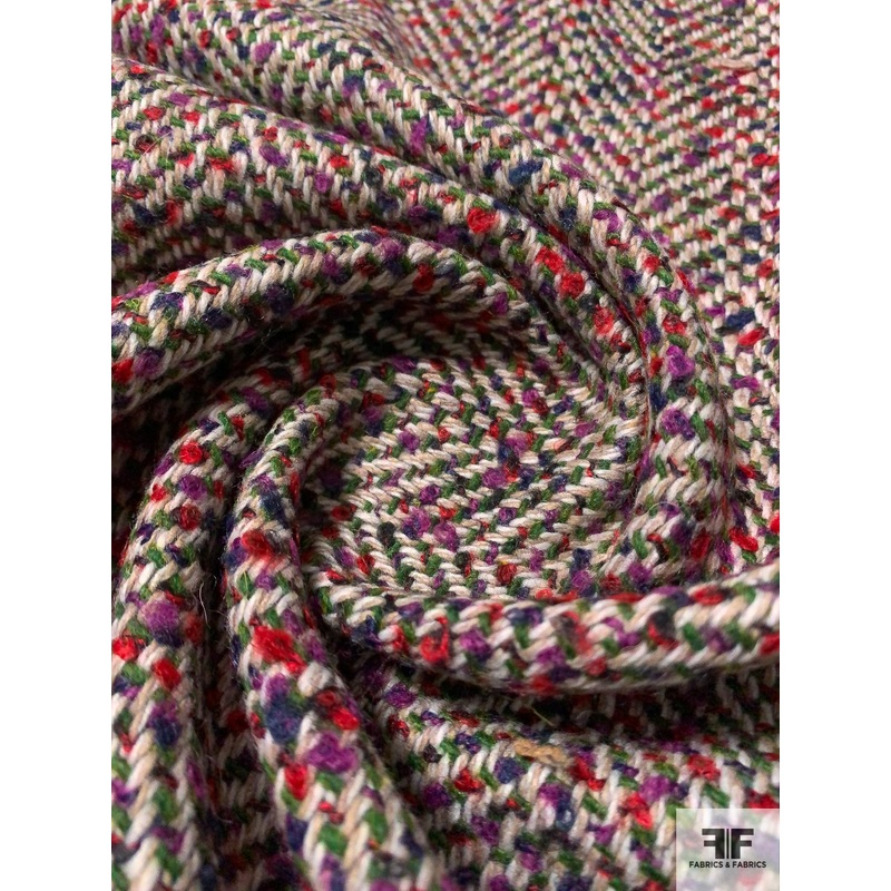 Italian Speckled Herringbone Jacket Weight Wool Tweed – Green / Red / Purple / Oatmeal Fabric by the Yard