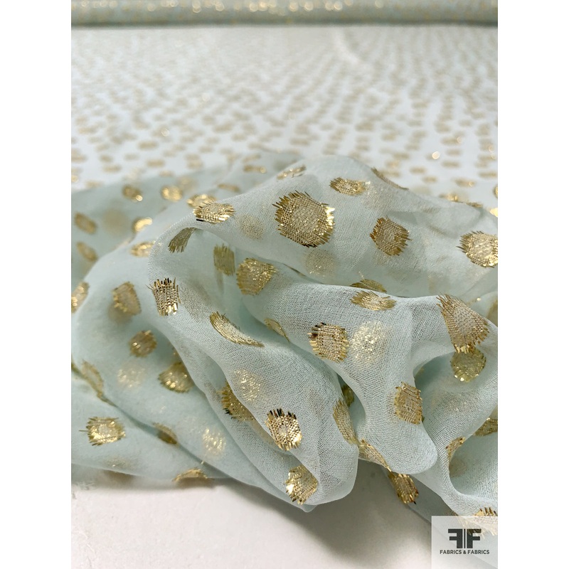 J Mendel Italian Polka Dot Metallic Clip Silk Chiffon – Light Seafoam / Gold Fabric by the Yard