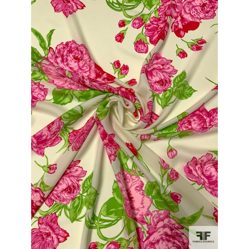Joyous Floral Printed Silk Georgette – Shades of Pink / Green / Ivory Fabric by the Yard