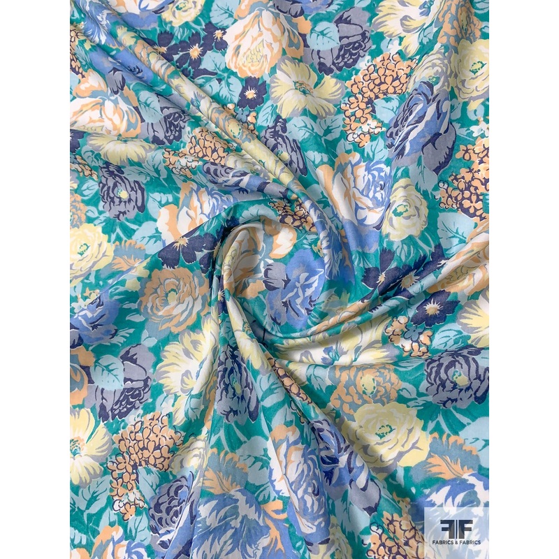 Liberty-Like Floral Printed Cotton Lawn – Turquoise / Blues / Peach Fabric by the Yard
