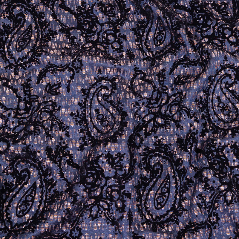 Orange, Purple and Blue Stripes and Teardrops Cotton and Polyester Jacquard with Navy Paisley Flocking
