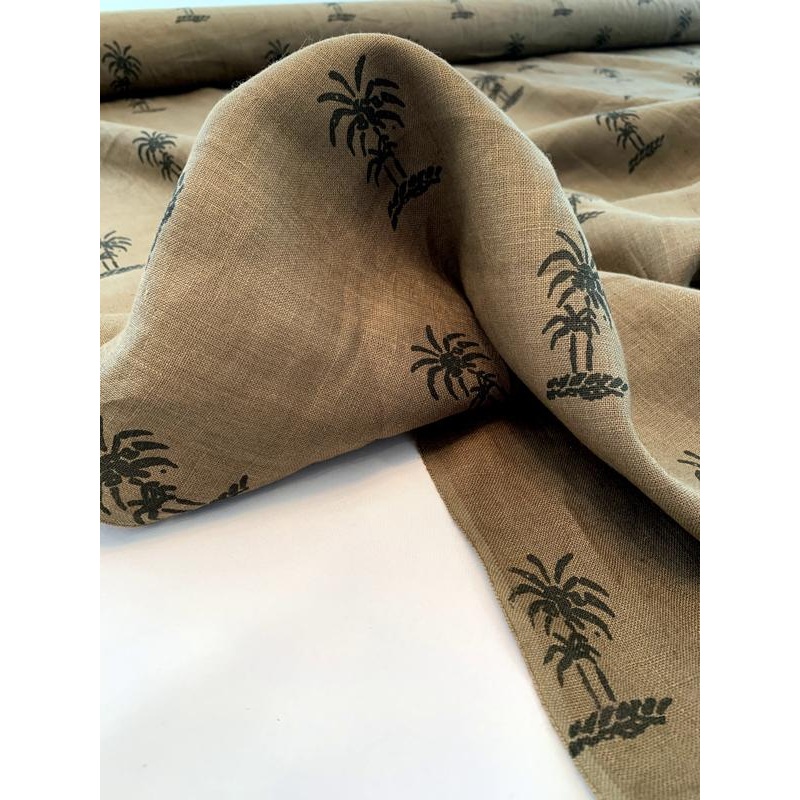 Palm Tree Printed Linen – Cedar Brown / Dk Brown Fabric by the Yard