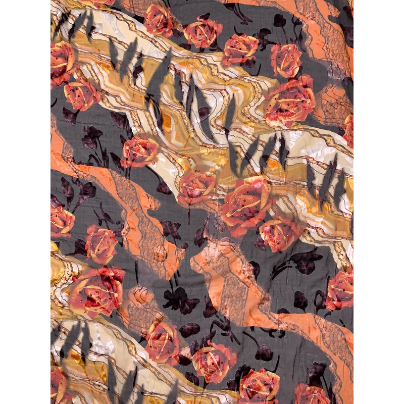 Raging Floral Printed Silk-Rayon Burnout Chiffon with Stones – Orange / Red / Marigold / Black / White Fabric by the Yard