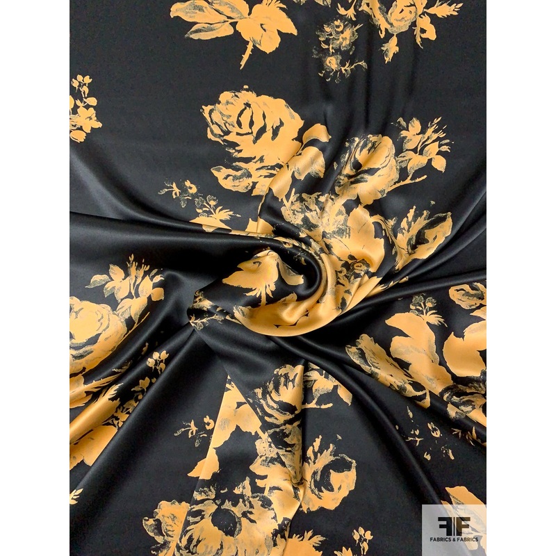 Romantic Floral Silhouette Bouquets Printed Silk Charmeuse – Black / Golden Yellow Fabric by the Yard