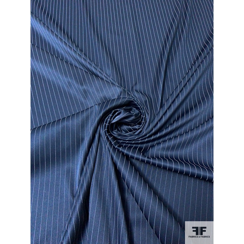 Vertical Pinstriped Satin Striped Stretch Polyester Sateen – Navy / Dove Purple Fabric by the Yard