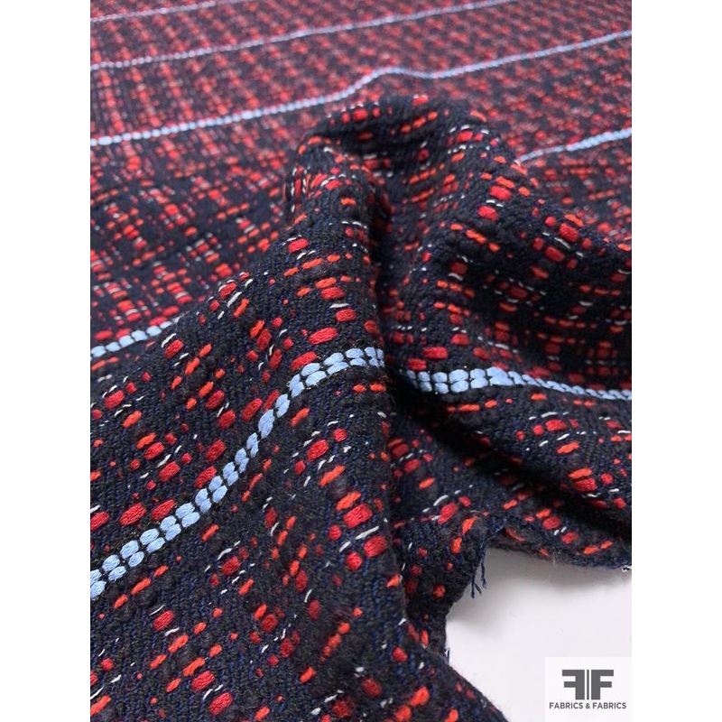 Woven Horizontal Broken Striped Jacket Weight Suiting with Lurex – Navy / Red / Baby Blue Fabric by the Yard