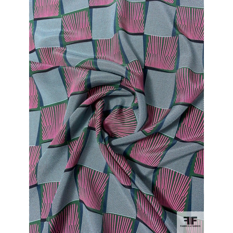 Boxy Graphic Printed Silk Crepe de Chine – Pink/ Green / Blue Fabric by the Yard