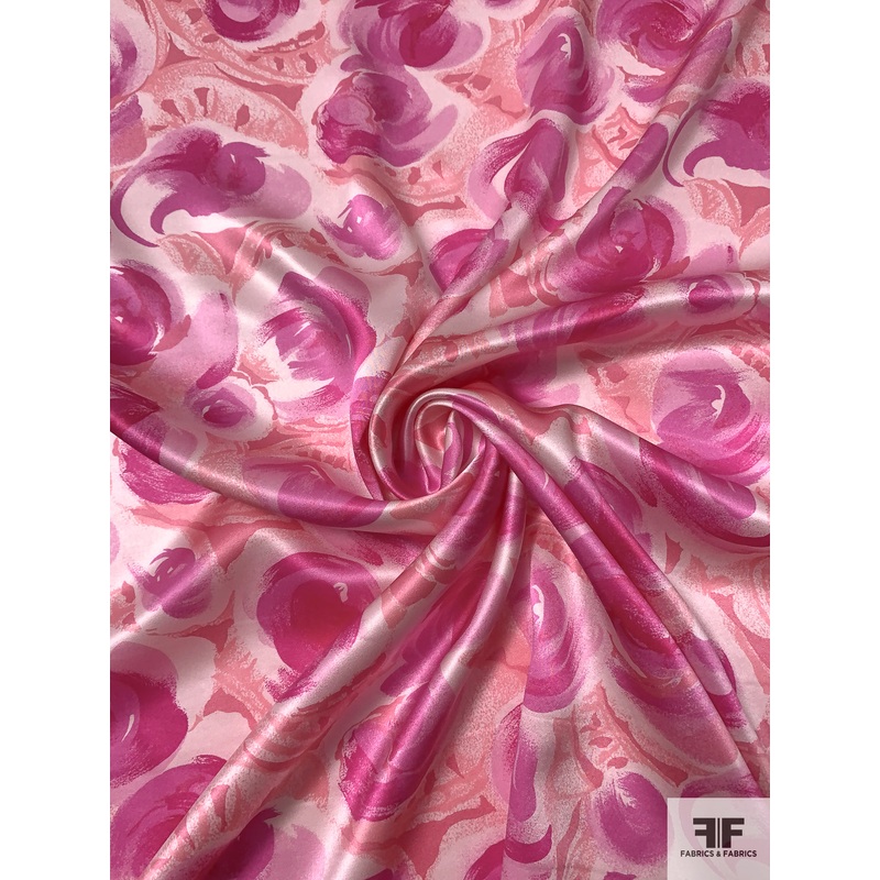 Brushstroke Floral Printed Silk Charmeuse – Magenta / Pinks Fabric by the Yard