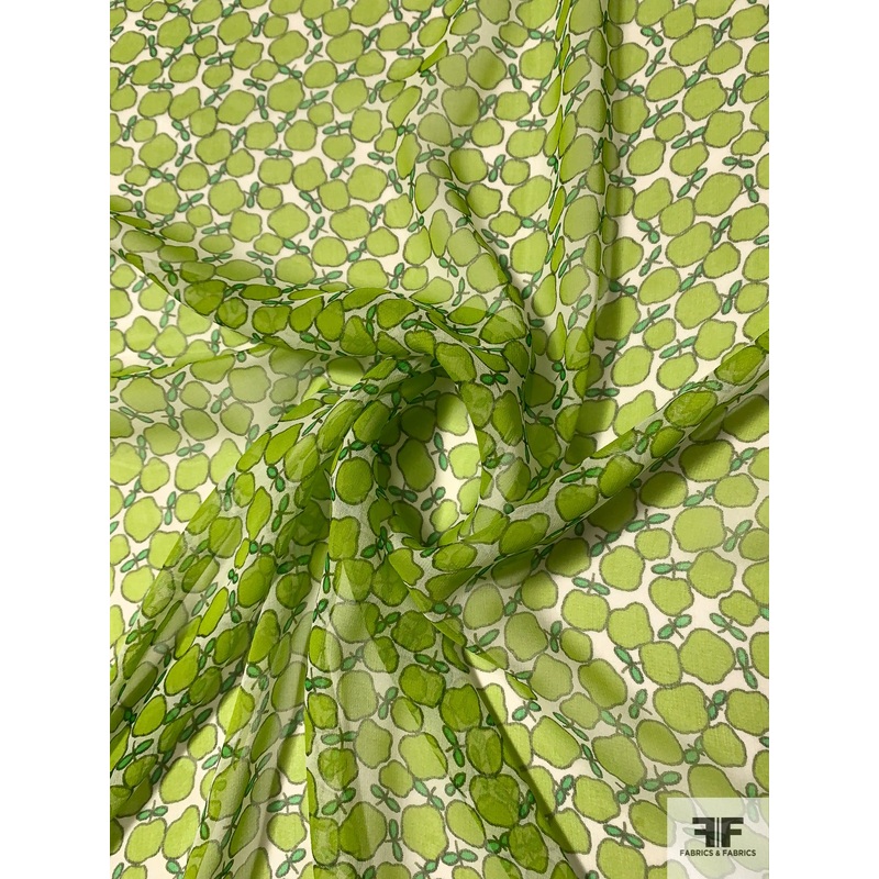 Ditsy Green Apples Printed Silk Chiffon – Green / Off-White Fabric by the Yard