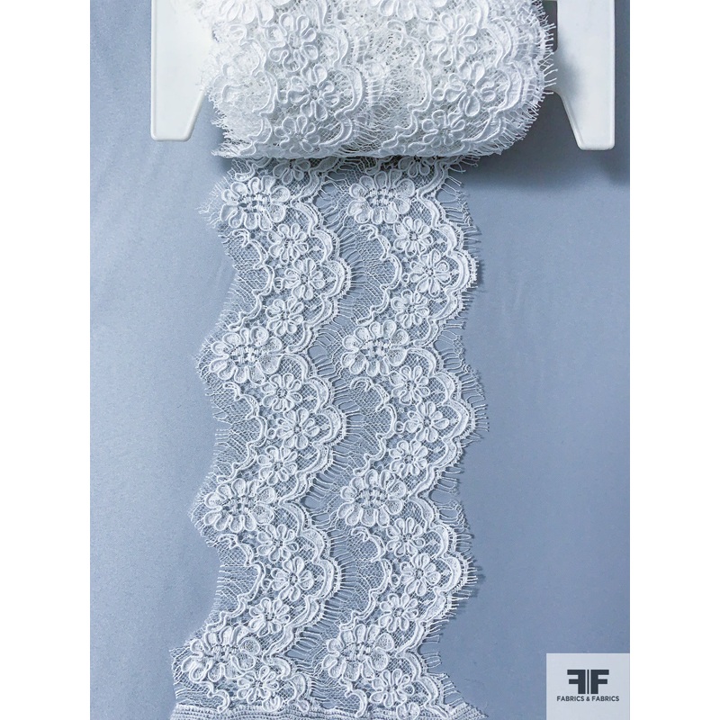 French Double-Scalloped and Eyelash Alencon Lace Trim – White Fabric by the Yard