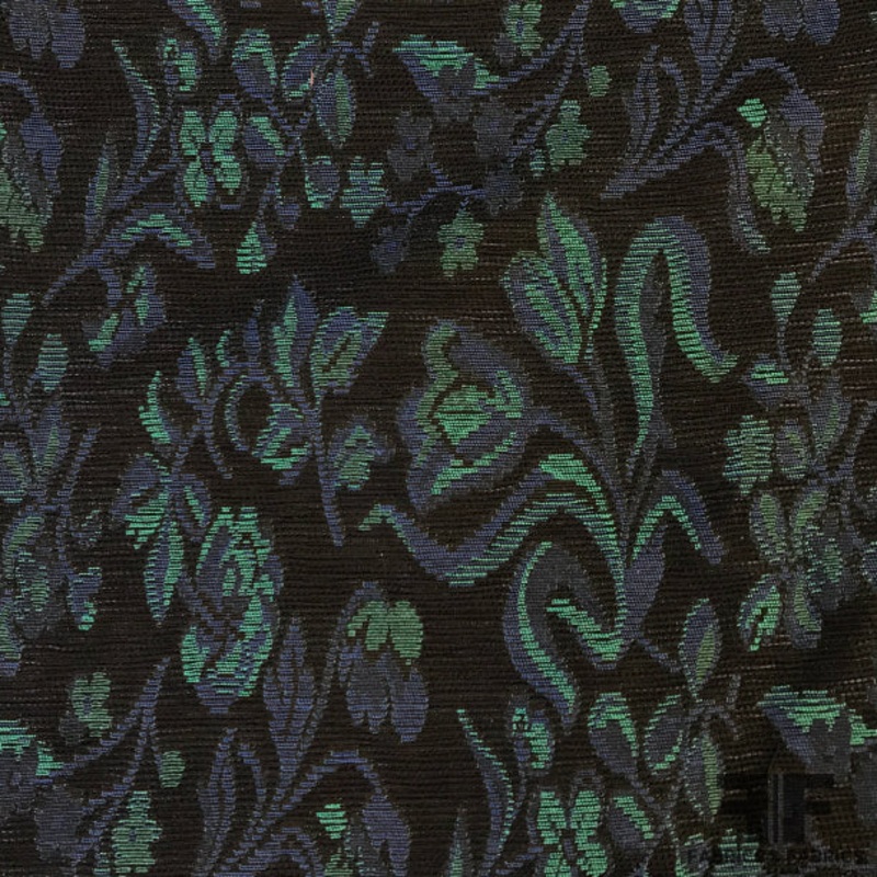 French Floral Tapestry Weave Brocade – Black/Blue/Turquoise Fabric by the Yard