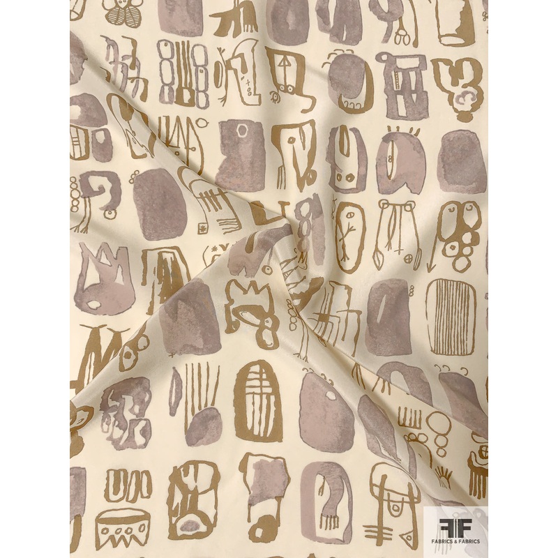 Italian Child-Like Artwork Printed Silk Crepe de Chine – Ivory / Dusty Grey / Khaki Fabric by the Yard