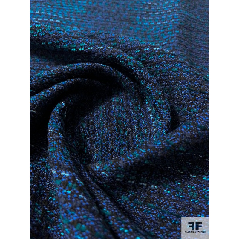 Italian Cotton Blend Ladies Tweed Suiting – Teal / Turquoise / Navy / Black Fabric by the Yard