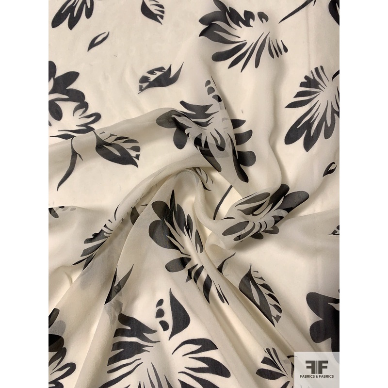 Italian Leaf Graphic Printed Silk Chiffon – Light Beige / Black Fabric by the Yard
