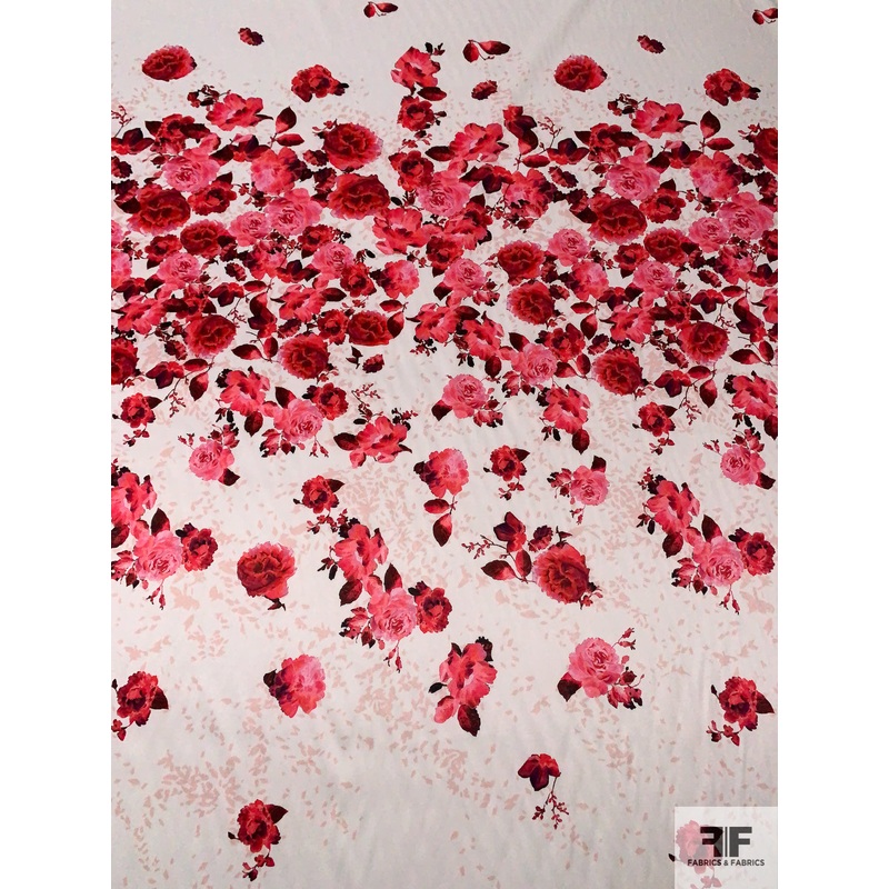 Italian Prabal Gurung Romantic Floral Printed Stretch Polyester Charmeuse Panel – Punch Pink / Strawberry / Off-White Fabric by the Panel