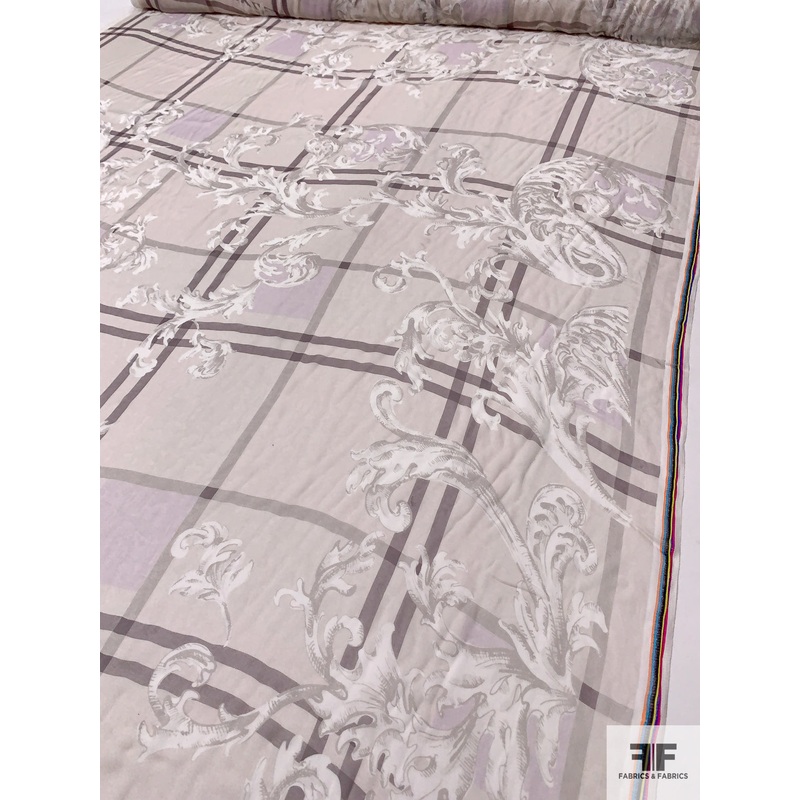 Italian Terracotta Vine Printed Fine Silk Chiffon Panel – Light Taupe / Greys / Off-White Fabric by the Panel