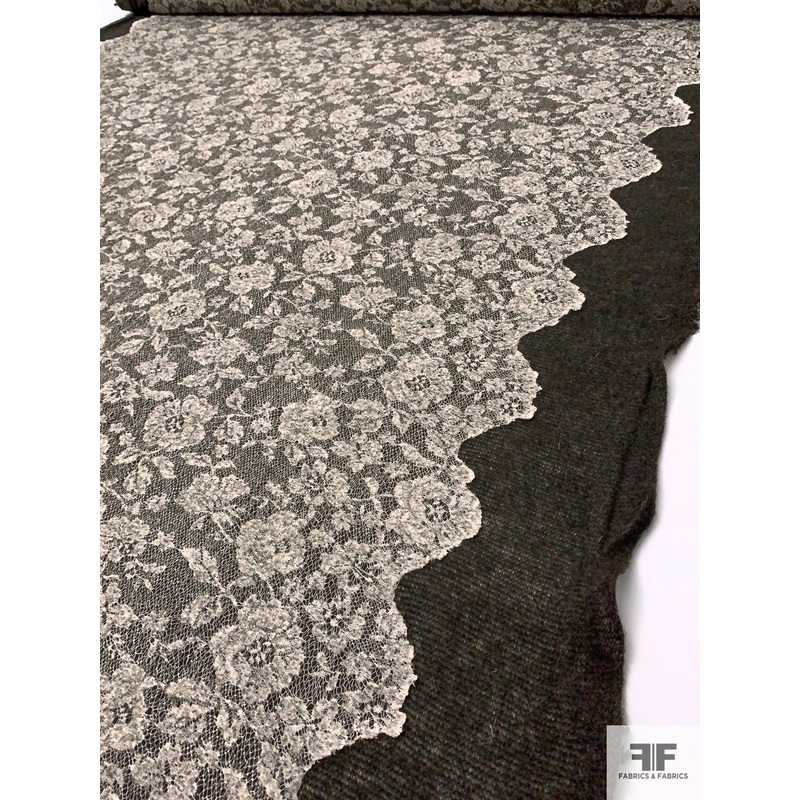Lightweight Sweater Knit Bonded with Floral Lace – Dusty Neutral Beige / Midnight Brown Fabric by the Yard