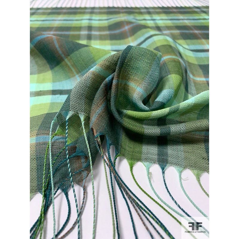 Plaid Lightweight Linen Blend Voile Panel – Evergreen / Lime / Turquoise Fabric by the Panel