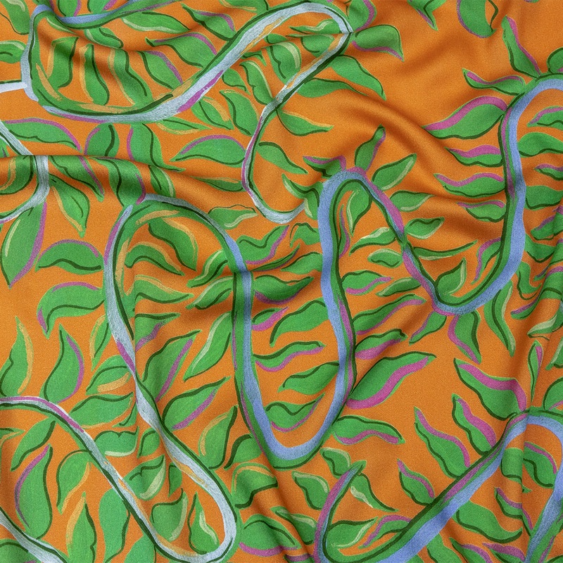 Rayon Challis – Orange and Green Foliage – Looking Vine Print – Mood Exclusive Citrus Collection