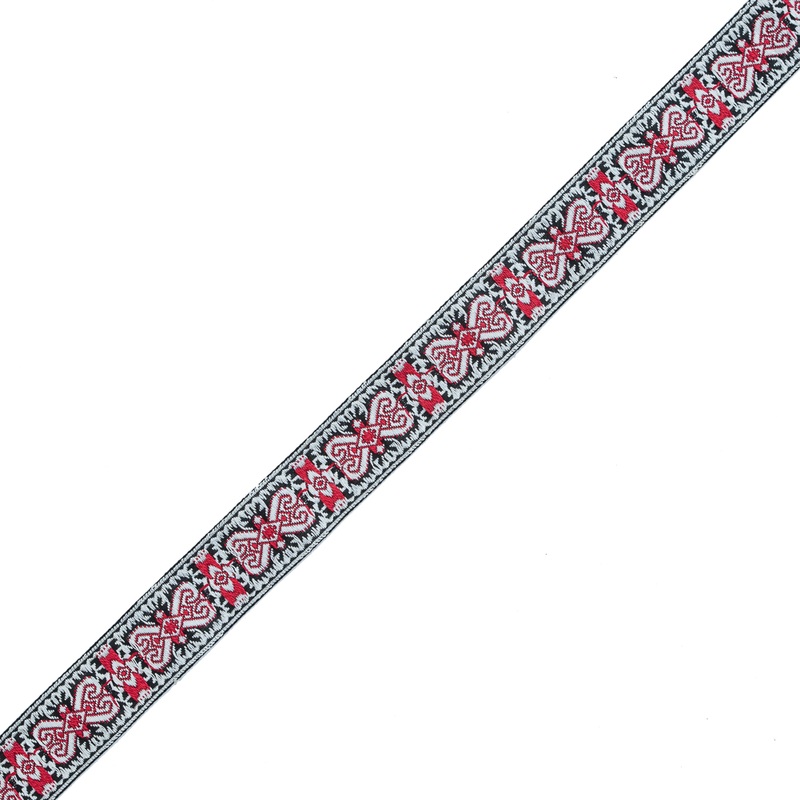 Red and White Geometric German Jacquard Ribbon – 1″