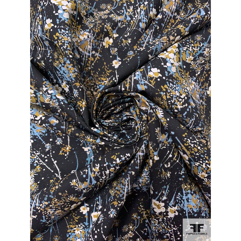 Splattered Floral Printed Cotton Lawn – Black / Mustard / Dusty Blue Fabric by the Yard