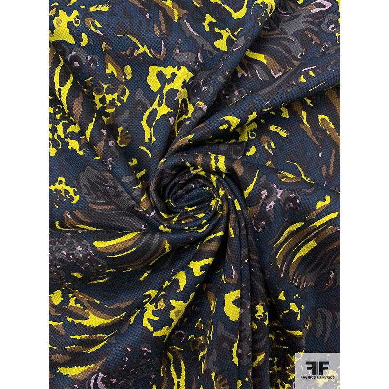 Animal Pattern Inspired Printed Stretch Cotton Pique – Navy / Chartreuse / Brown / Black Fabric by the Yard