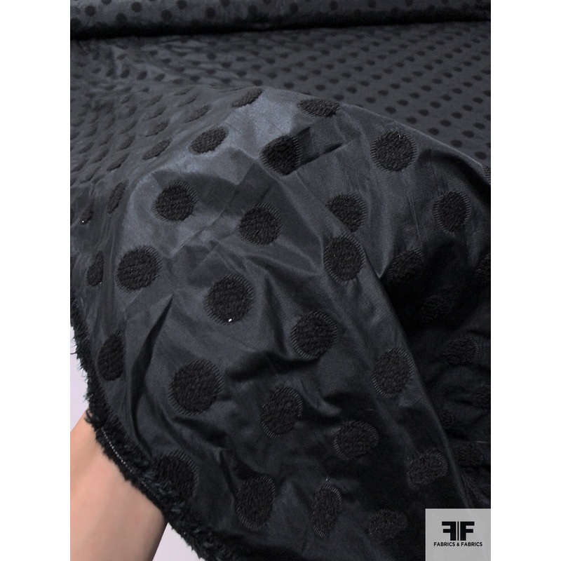 Boucl Embroidered Polka Dots on Silk Taffeta – Black Fabric by the Yard