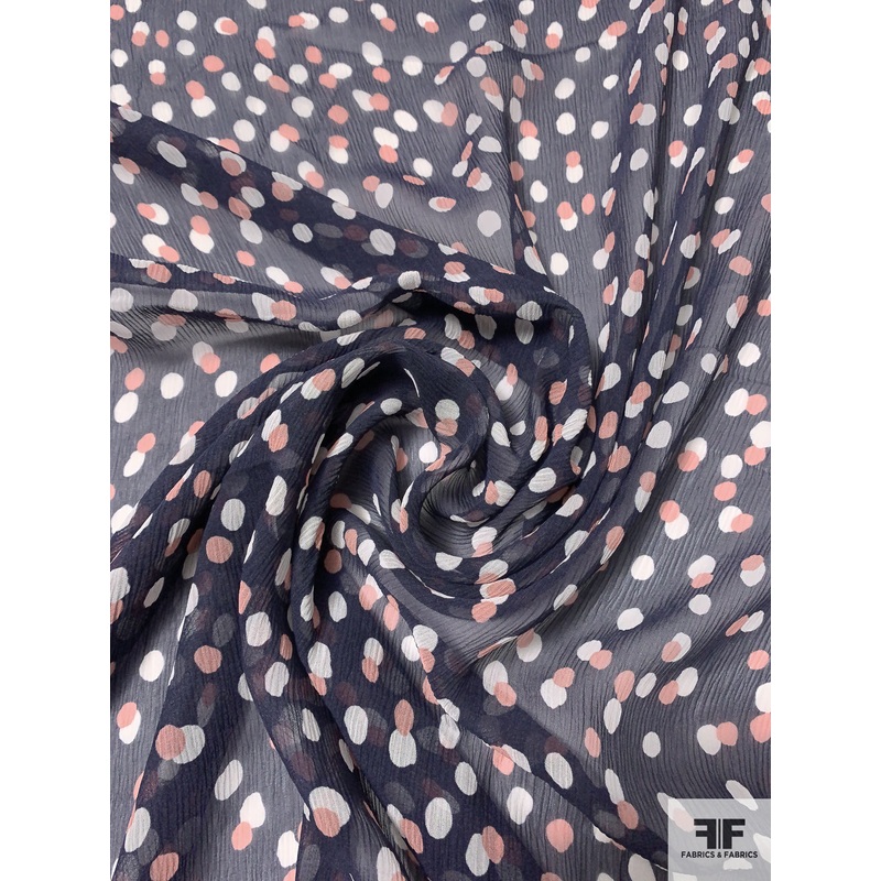 Dotted Printed Crinkled Silk Chiffon – Navy / Salmon / Off-White Fabric by the Yard
