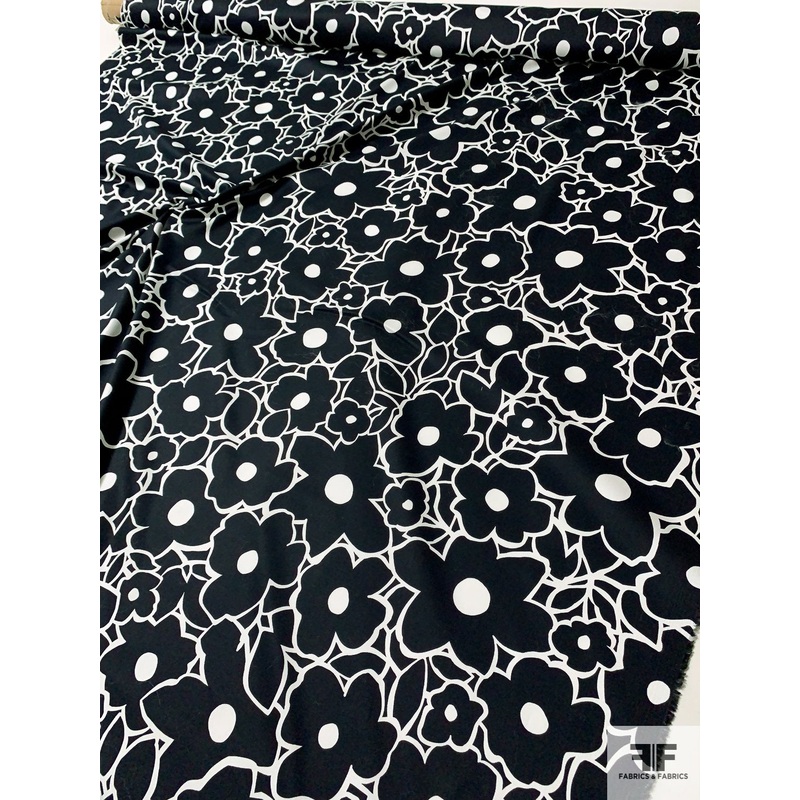 Floral Graphic Printed Stretch Cotton Sateen – Black / White Fabric by the Yard