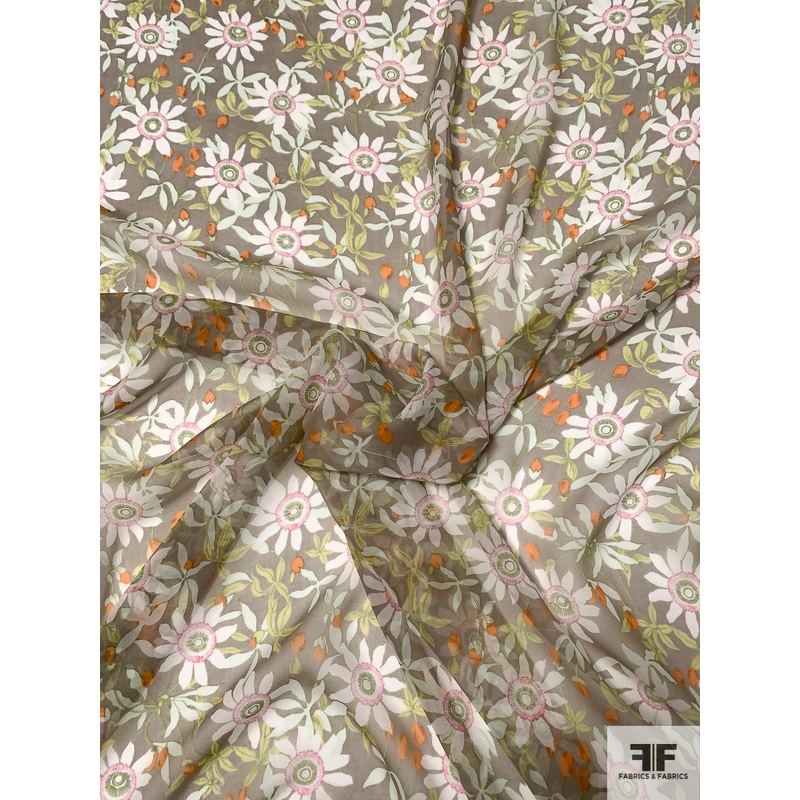 Floral Printed Silk Chiffon – Earth Tones / Orange Fabric by the Yard