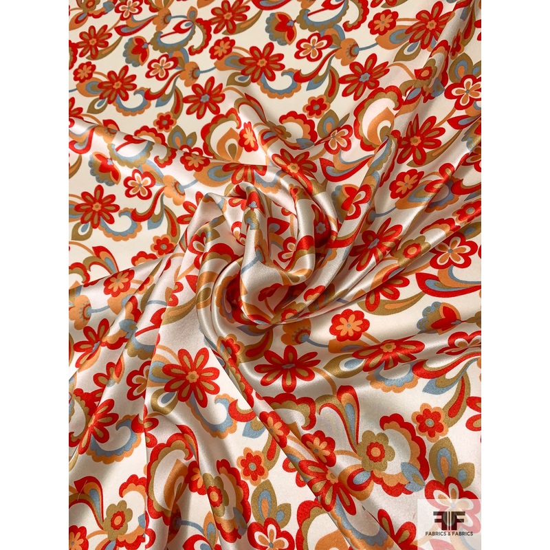 Groovy Floral Printed Silk Charmeuse – Red / Sky Blue / Peach / White Fabric by the Yard