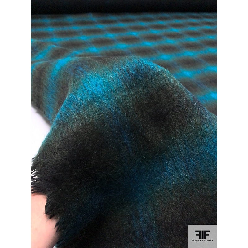 Hazy Plaid Lightweight Wool Blend Coating with Mohair Finish – Teal / Black / Evergreen Fabric by the Yard