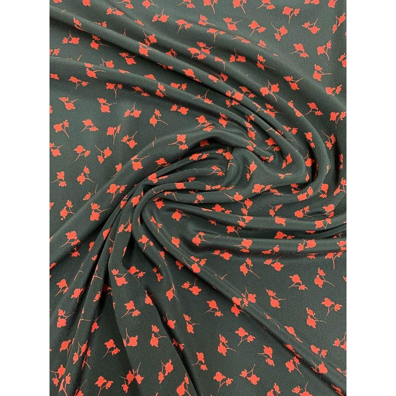 Italian Dainty Floral Printed Silk Crepe de Chine – Red / Black Fabric by the Yard