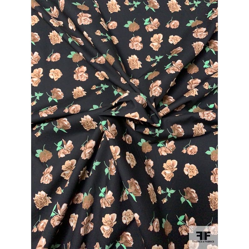 Italian Floral Printed Cotton Batiste – Black / Tan / Green Fabric by the Yard