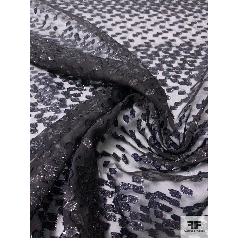 Italian Prabal Gurung Linear Polka Dot Clusters Silk and Lurex Clip Chiffon – Black Fabric by the Yard