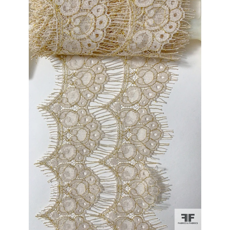 Metallic and Eyelash Leavers Lace Trim – Cream / Gold Fabric by the Yard