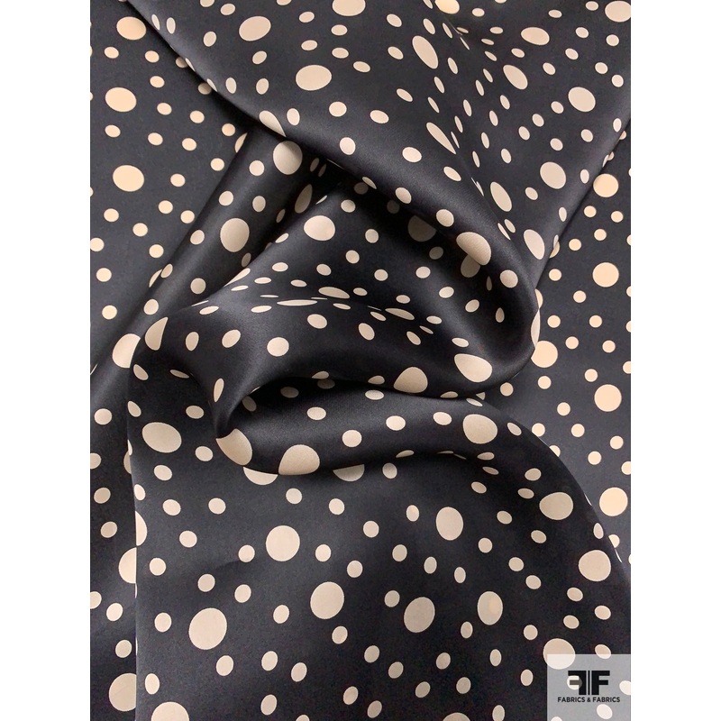 Multi-Sized Polka Dot Printed Satin Face Organza – Black / Cream Fabric by the Yard