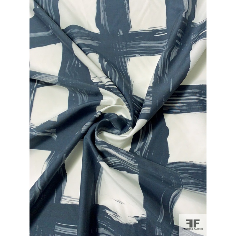 Painterly Large-Scale Windowpane Cotton and Silk Shirting – Navy / Off-White Fabric by the Yard
